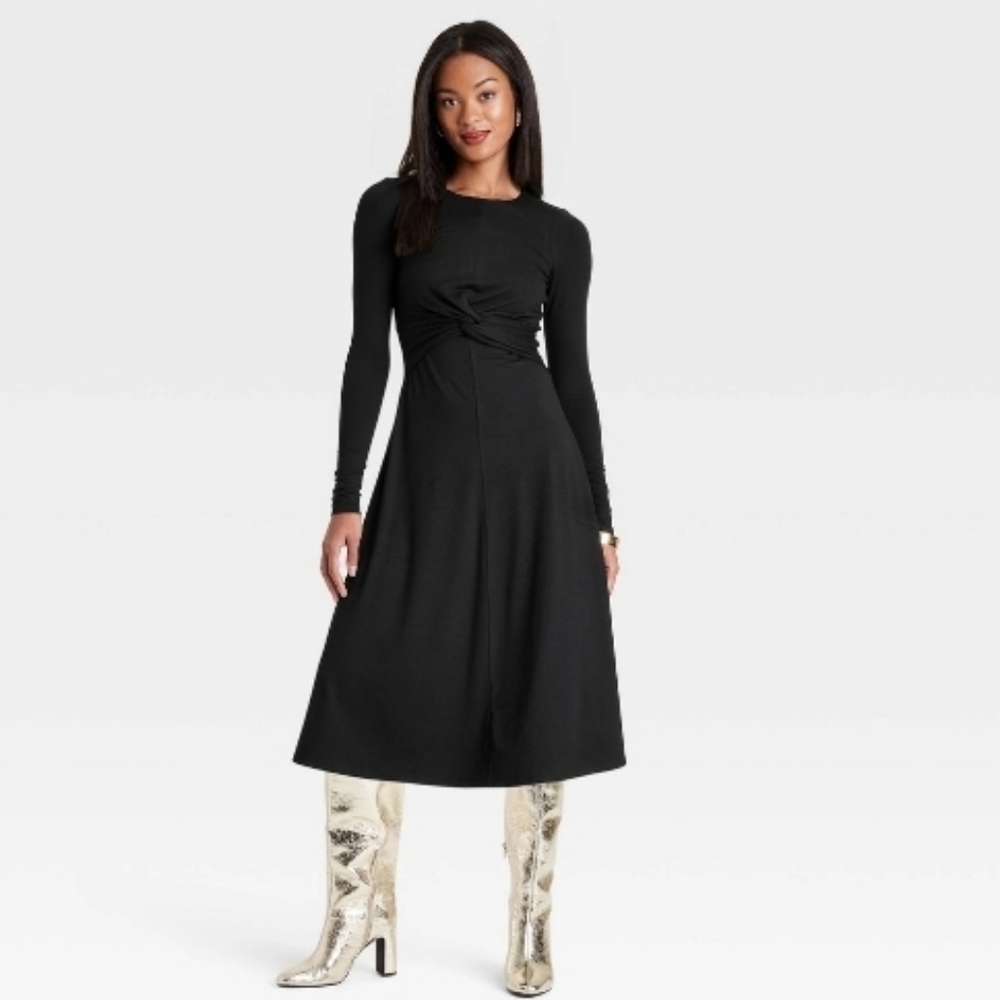 #1306 A New Day Black Twist-Front Long Sleeve Dress